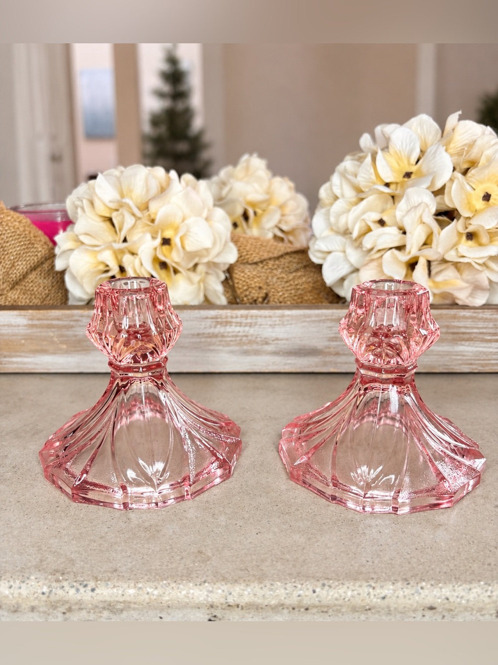 Vintage-Style Pink Glass Candlestick Pair